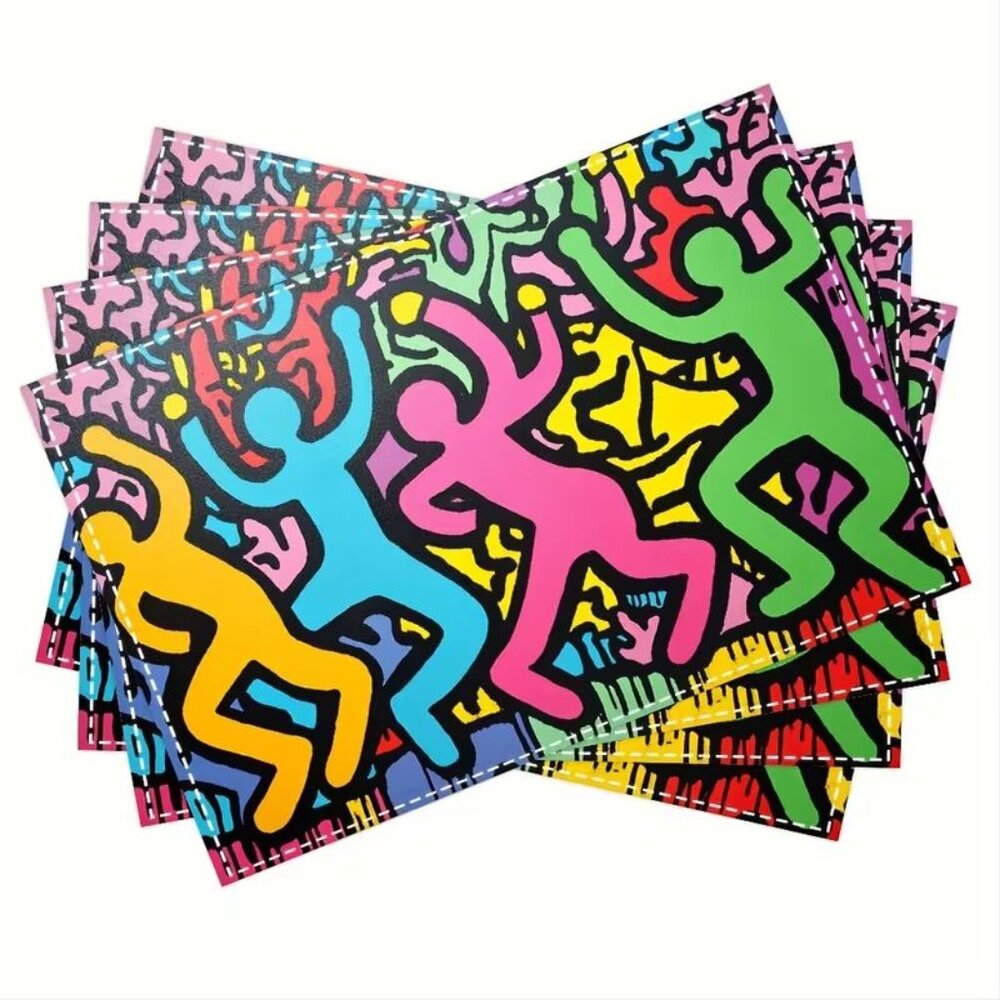 Keith Haring-style figures in dance placemats. Fashion print pattern table mat.